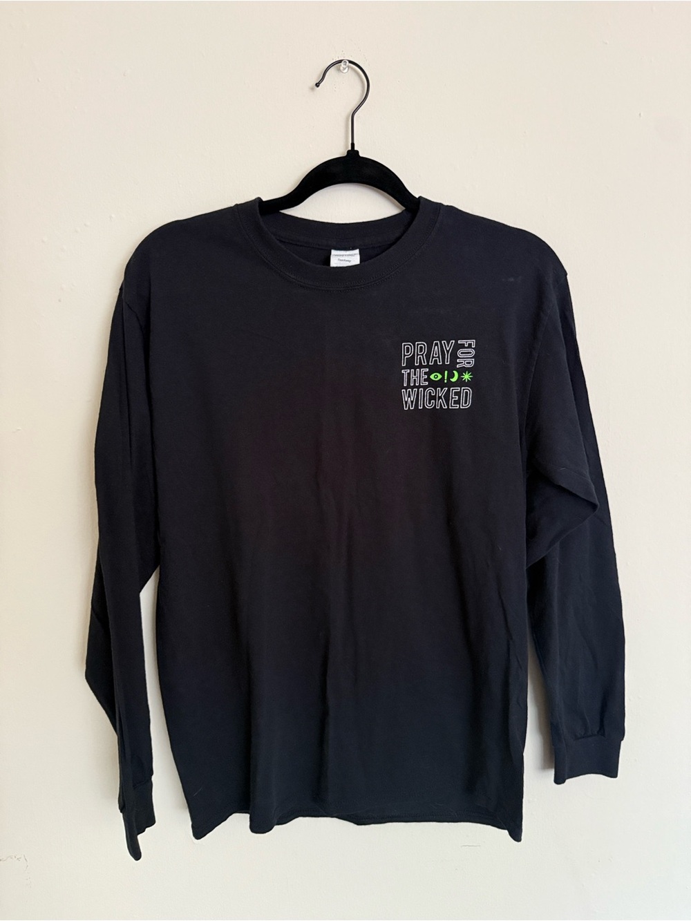 Gildan Black Long Sleeve Tee with Green and White Chest Graphic